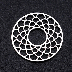 Stainless Steel Color 201 Stainless Steel Filigree Joiners Links, Laser Cut, Flat Round with Flower, Stainless Steel Color, 17.5x1mm