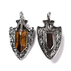 Tiger Eye Natural Tiger Eye Faceted Big Pendants, Dragon Claw with Arrow Charms, with Antique Silver Plated Alloy Findings, 55x27.5x10.5mm, Hole: 6mm