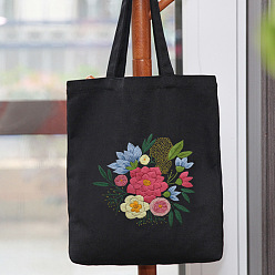 Negro Kit de bordado de bolso de mano con patrón de flores de bricolaje, incluyendo agujas de bordar e hilo, tela de algodón, aro de bordado de plástico, negro, 390x340 mm