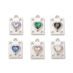 Mixed Color Rack Plating Alloy Glass Pendants, Platinum, Rectangle with Heart Charms, Mixed Color, 19.5x12.5x5mm, Hole: 1.8mm