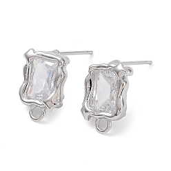 Real Platinum Plated Brass Stud Earring Finding, with Clear Glass and Horizontal Loops, Rectangle, Real Platinum Plated, 13.5x9mm, Hole: 1.8mm, Pin: 0.7mm