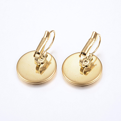 Golden Ion Plating(IP) 304 Stainless Steel Leverback Earring Findings, Flat Round, Golden, Tray: 14mm, 22x16mm, Pin: 0.8mm