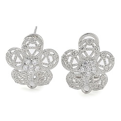 Platinum Flower Brass Micro Pave Cubic Zirconia Stud Earrings Finding, with Horizontal Loops, Cadmium Free & Lead Free, Platinum, 16x15mm, Hole: 1.5mm, Pin: 0.8mm