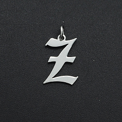 Letter Z 304 Stainless Steel Pendants, with Jump Ring, Old English, Letter, Laser Cut, Stainless Steel Color, Letter.Z, 16x11x1mm, Hole: 3mm
