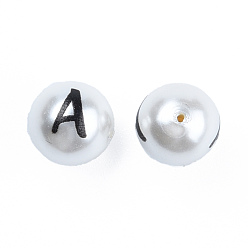 Letter A ABS Plastic Imitation Pearl Beads, with Printed, Round with Letter, Letter.A, 10mm, Hole: 1mm