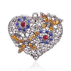 Colorful Alloy Rhinestone Heart Pendants, with Butterfly, Antique Silver, Colorful, 48x49x3mm, Hole: 5mm