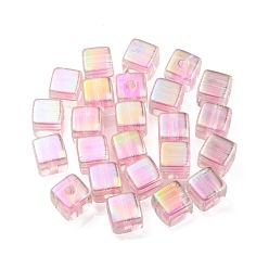 Pink UV Plating Transparent Acrylic European Beads, Large Hole Beads, Cube, Pink, 13.5x13.5x13.5mm, Hole: 4mm