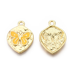 Gold Rack Plating Alloy Enamel Pendants, Cadmium Free & Nickel Free & Lead Free, Light Gold, Oval with Butterfly Charm, Gold, 24x18x3mm, Hole: 2.2mm