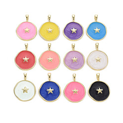 Mixed Color Brass Enamel Pendants, Cadmium Free & Nickel Free & Lead Free, Real 16K Gold Plated, Flat Round with Star, Mixed Color, 20.5x15.5x4.5mm, Hole: 2.5x3mm