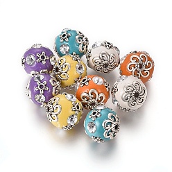 Couleur Mélangete Perles Indonésiennes manuelles, avec strass en cristal et apprêts en métal, ronde, argent antique, couleur mixte, 15.5~17x16~17mm, Trou: 2mm