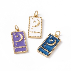 Mixed Color Rack Plating Brass Enamel Pendants, Cadmium Free & Nickel Free & Lead Free, Real 18K Gold Plated, Rectangle with Star & Moon & Word The Moon, Mixed Color, 20x10x2mm, Jump Ring: 5x0.8mm, 3.5mm Inner Diameter