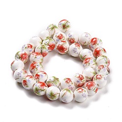 Red Handmade Flower Printed Porcelain Ceramic Beads Strands, Round, Red, 10mm, Hole: 2mm, about 35pcs/strand, 13.5 inch
