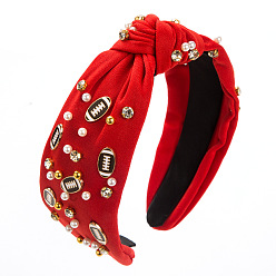 Red Alloy Rugby Pearl Rhinestones Hair Bands, Wide Twist Knotted Cloth Hair Hoop, Hair Accessories for Women Girls, Red, 150x120x30mm
