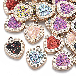 Mixed Color UV Plating Acrylic Pendant Rhinestone Settings, with Imitation Leather inlaid Glitter Sequins/Paillette, Light Gold, Heart, Mixed Color, Fit for 1.5mm Rhinestone, 25.5x21.5x3mm, Hole: 2.5mm