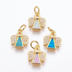 Mixed Color Brass Cubic Zirconia Pendants, with Synthetic Opal, Angel, Golden, Mixed Color, 14.5x12x2.5mm, Hole: 4mm