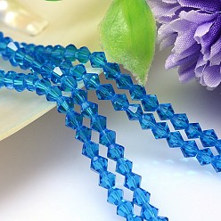 Dodger Azul Imitaciones de perlas de cristal facetado hebras austríaco, aaa grado, bicono, azul dodger, 4x4 mm, agujero: 0.7~0.9 mm, sobre 200 unidades / cadena, 28 pulgada