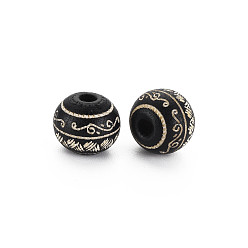 Black Painted Natural Wood Beads, Round with Laser Engraved Leaf Pattern, Black, 10x9mm, Hole: 2.5mm