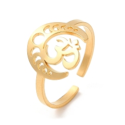 Golden 304 Stainless Steel Open Cuff Ring, Hollow Moon Phase & Yoga Symbol, Golden, Inner Diameter: 18.2mm