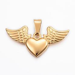Oro 304 colgantes de acero inoxidable, corazón con alas, dorado, 20x40x3 mm, agujero: 9x5 mm