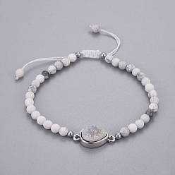 Howlite Bracelets en perles tressées naturelles howlite, avec des résultats en laiton d'agate druzy et cordon en nylon, facette, 2-1/8 pouces (5.5 cm) ~3-1/8 pouces (8.1 cm), perles: 3.5~4.5 mm