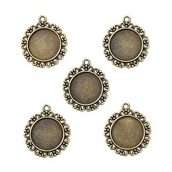 Antique Bronze Tibetan Style Flat Round Alloy Pendant Cabochon Settings, Cadmium Free & Nickel Free & Lead Free, Antique Bronze, Tray: 20mm, 34x30x2mm, Hole: 3mm, about 290pcs/1000g