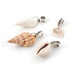 Mixed Color Alloy European Dangle Charms, Large Hole Beads, with Shell, Antique Silver, Mixed Color, 23~42mm, Hole: 4~5mm