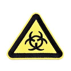 Amarillo Tela de bordado computarizada para planchar / coser parches, accesorios de vestuario, triángulo con señal de advertencia, riesgo biológico, amarillo, 50.5x45.5x1.3 mm