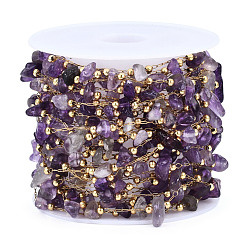 Amethyst 316 Stainless Steel Paperclip Chains, with Natural Amethyst Chips and Stainless Steel Beaded, Soldered, with Spool, Golden, 4~8x3.5~6x1~4mm, about 16.40 Feet(5m)/Roll