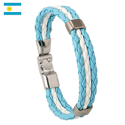 Light Sky Blue Flag Color Imitation Leather Triple Line Cord Bracelet with Alloy Clasp, Argentina Theme Jewelry for Women, Light Sky Blue, 8-5/8 inch(22cm)