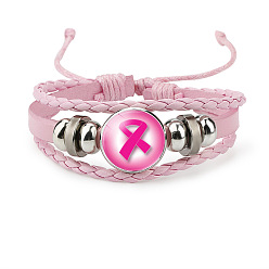 Flat Round Imitation Leather Multi-strand Bracelets for Women, October Breast Cancer Pink Awareness Ribbon Iron Glass Adjustable Bracelet, Flat Round, 4-3/8 inch(11cm)