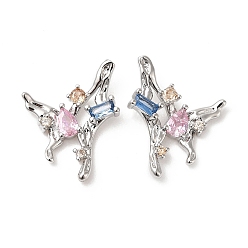 Platinum Colorful Cubic Zirconia Butterfly Stud Earrings, Brass Jewelry for Women, Cadmium Free & Nickel Free & Lead Free, Platinum, 23x19mm, Pin: 0.8mm