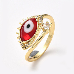 Красный Открытое кольцо-манжета сглаз лэмпворк с прозрачным кубическим цирконием, настоящие позолоченные украшения из латуни для женщин, красные, внутренний диаметр: 18 мм
