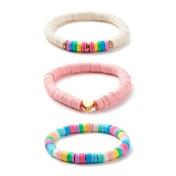 Couleur Mélangete Perles heishi en argile polymère faites à la main ensemble de bracelets pour enfants extensibles, bracelets de perles de laiton coeur, couleur mixte, diamètre intérieur: 2 pouce (5.2 cm), 3 pièces / kit