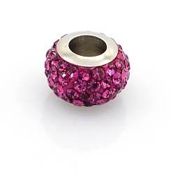 Rose 304 Stainless Steel Polymer Clay Rhinestone European Beads, Large Hole Rondelle Beads, Rose, 12.5x8mm, Hole: 5mm