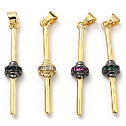 Mixed Color Brass with Cubic Zirconia Pendants, Long-Lasting Plated, Lead Free & Cadmium Free, Real 18K Gold Plated, Stick, Mixed Color, 35.5x6.5x5mm, Hole: 3x4.5mm