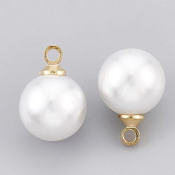 Plaqué 18K Or Véritable Breloques en plastique imitation perle abs, avec les accessoires en laiton, ronde, réel 18 k plaqué or, 13.5x9.5x9.5mm, Trou: 1.6mm