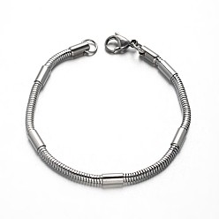 Stainless Steel Color 304 Stainless Steel Snake Chain Bracelets, with Tube Beads and Lobster Claw Clasps, Stainless Steel Color, 7-7/8 inch(200mm), 3mm