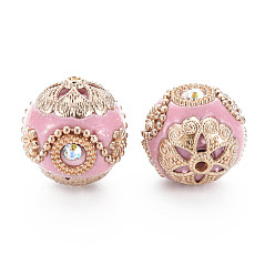 Pink Abalorios de indonesia hecho a mano, con diamantes de imitación de cristal ab y fornituras de latón en tono dorado, rondo, rosa, 20x19~20 mm, agujero: 1.5~1.8 mm