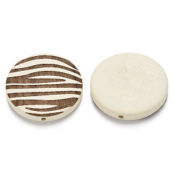 Creamy White Painted Natural Wood Beads, Laser Engraved Pattern, Flat Round with Zebra-Stripe, Creamy White, 30x5mm, Hole: 1.6mm
