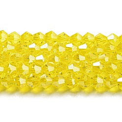 Yellow Transparent Electroplate Glass Beads Strands, Pearl Luster Plated, Faceted, Bicone, Yellow, 4x4mm, Hole: 0.8mm, about 87~98pcs/strand, 12.76~14.61 inch(32.4~37.1cm)