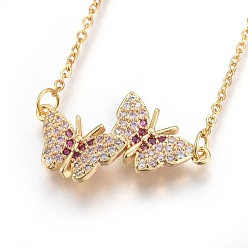 Golden 304 Stainless Steel Pendant Necklaces, with Cubic Zirconia, Butterfly, Clear, Golden, 18.5 inch(47.4cm), Pendant: 26x15.5x2.7mm