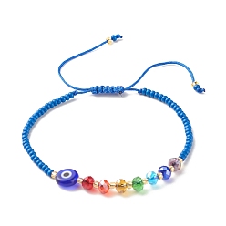 Озёрно--синий Плоский круглый браслет лэмпворк с плетеными бусинами от сглаза, стеклянные бусины регулируемый браслет для женщин, Плут синий, внутренний диаметр: 2-3/8~4-1/8 дюйм (5.9~10.4 см)