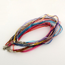 Mixed Color Multi-strand Necklace Cord for Jewelry Making, with 3 Loops Waxed Cord, Organza Ribbon, Zinc Alloy Lobster Claw Clasps and Iron Chains, Mixed Color, 17.7 inch