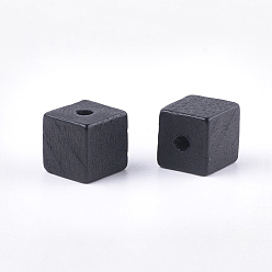 Black Painted Natural Wood Beads, Cube, Black, 10x10x10mm, Hole: 2mm