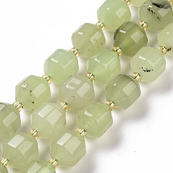 Prehnite Natural Prehnite Beads Strands, with Seed Beads, Faceted Bicone Barrel Drum, 9~10mm, Hole: 1.2mm, about 29~32pcs/strand, 14.45~14.84 inch(36.7~37.7cm)