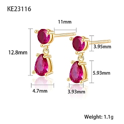Medium Violet Red Cubic Zirconia Teardrop Dangle Stud Earrings, Golden 925 Sterling Silver Earrings, Medium Violet Red, 12.8x3.93~4.7mm