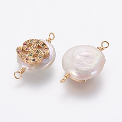 Cancer Connecteurs de liens de perles naturelles, avec accessoires zircon cubique micro pave en laiton, plat rond avec constellation, or, colorées, cancer, 20~26x9~17x5~11mm, Trou: 1.6mm