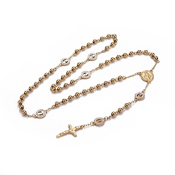 Golden 304 Stainless Steel Rosary Bead Necklaces for Easter, with Polymer Clay Rhinestone, Crucifix Cross & Oval with Saint & Flat Round with Virgin Mary, Golden, 26.77 inch(68cm)
