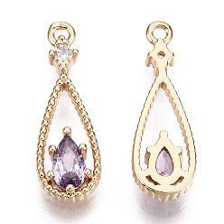 Violet Brass Micro Pave Cubic Zirconia Pendants, with Glass, Teardrop, Long-Lasting Plated, Light Gold, Violet, 17.5x6x2.5mm, Hole: 1mm