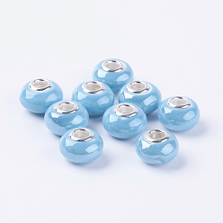 Bleu Ciel Perles européennes en porcelaine faites à la main , avec noyaux double de couleur argente en alliage , rondelle, bleu ciel, 15x10~11mm, Trou: 5mm